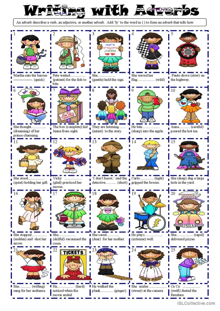 Engaging -ly adverbs practice for fourth graders focusing on subtraction concepts Fourth grade worksheet on transforming adjectives into -ly adverbs for sentence completion