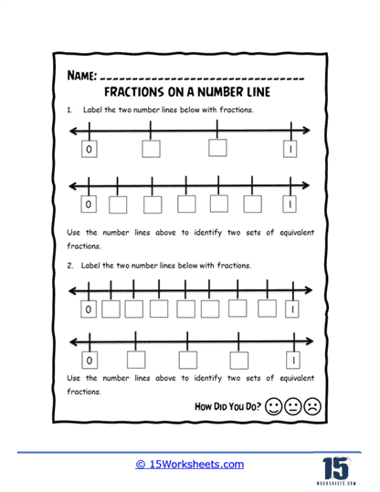 Fourth grade student working on a worksheet that features number lines to identify and plot equivalent fractions