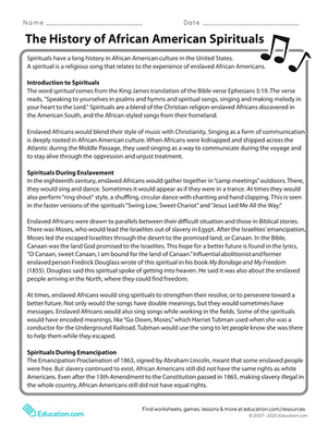 A resource for understanding the impact of spirituals from slavery to the civil rights movement Worksheet exploring the significance of African American spirituals throughout history for fourth graders