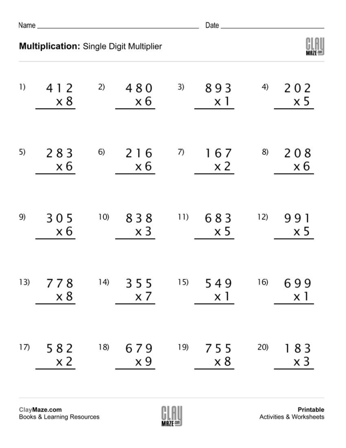 Historical themed 3-digit by 1-digit multiplication worksheet for fourth grade students number 4 Fourth grade math worksheet featuring 3-digit by 1-digit multiplication problems for history class practice