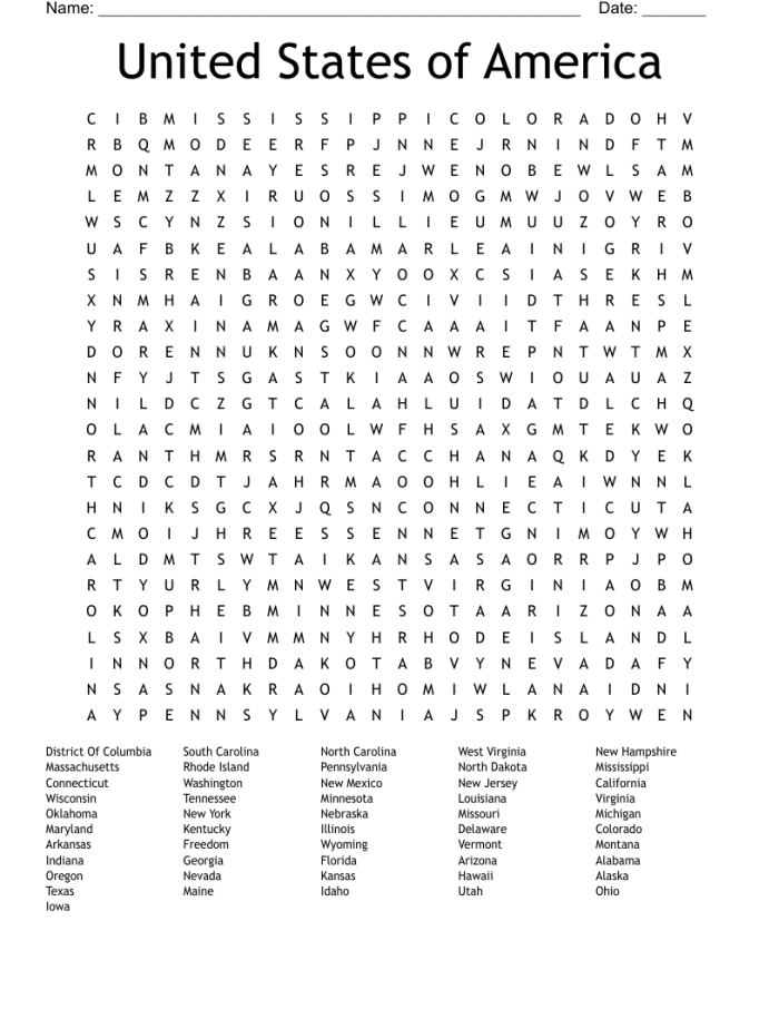 United States word search worksheet featuring national landmarks and historical sites for fourth graders