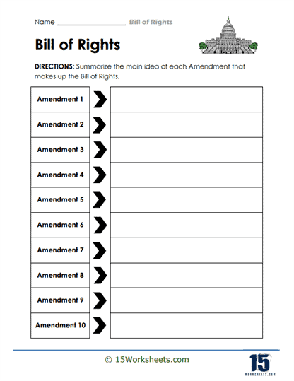Fourth grade students working on an Illustrate the Bill of Rights algebra worksheet