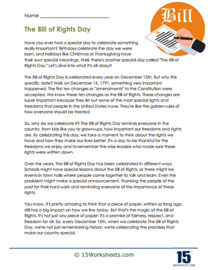 Fourth grade student coloring a worksheet about the Bill of Rights with descriptive illustrations