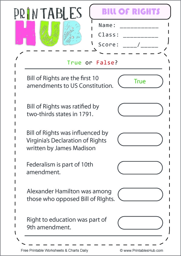 Illustration of the Bill of Rights worksheet for fourth graders