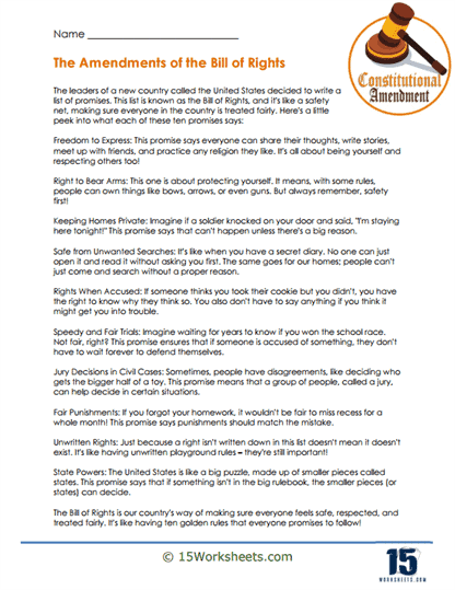 A fourth grade student coloring an illustrative worksheet about the Bill of Rights