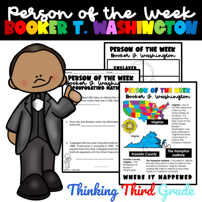 Biography worksheet focused on Booker T. Washington for fourth graders. Engaging prompts encourage reflection on Washington's life and contributions.