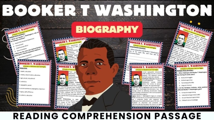 Biography worksheet for fourth graders focusing on Booker T. Washington's life and lessons. Educational resource for enhancing geography and history understanding.