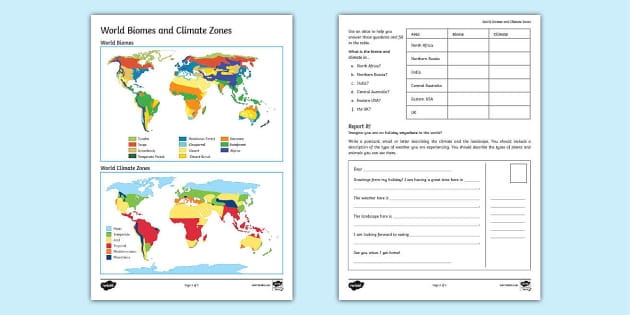 Terrestrial Biomes of the World Map for Geography Worksheet Activity 8 A world map showing different colored regions representing terrestrial biomes including deserts, forests, grasslands, and tundra for fourth grade geography study