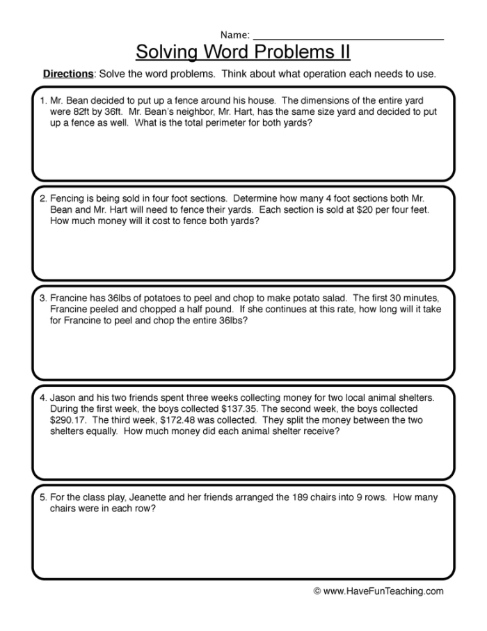 Fourth grade mixed word problems worksheet with birthday party planning scenarios for students to solve