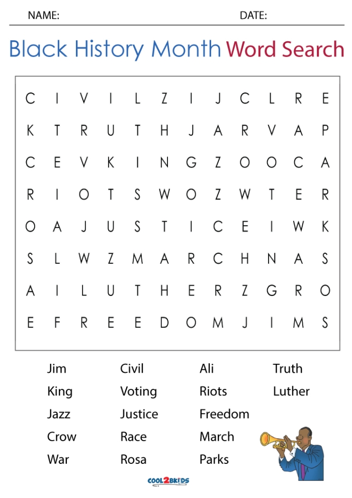 Engaging word search activity for fourth graders celebrating Black History Month Black History Month Word Search worksheet featuring key terms related to African-American history and equality
