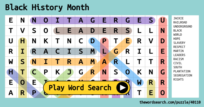 Engaging word search activity promoting understanding of the struggle for equality and important concepts Black History Month Word Search worksheet for fourth graders featuring key terms related to African-American history