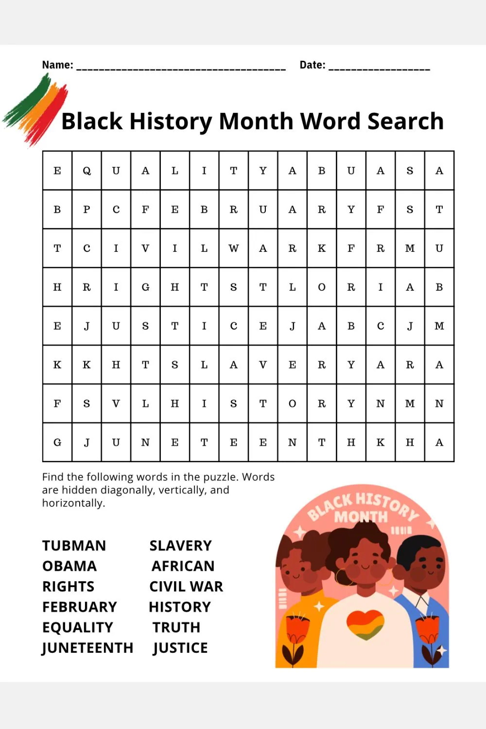 Engaging word search activity for learning about the struggle for equality in Black History Month Black History Month word search worksheet for fourth graders focusing on key terms related to African-American history
