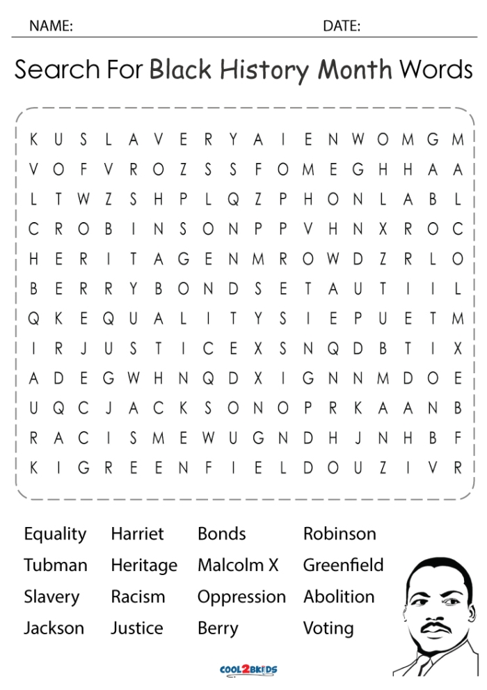 Engaging word search activity for students to learn about the struggle for equality during Black History Month Black History Month Word Search worksheet designed for fourth graders to explore important terms related to African-American history