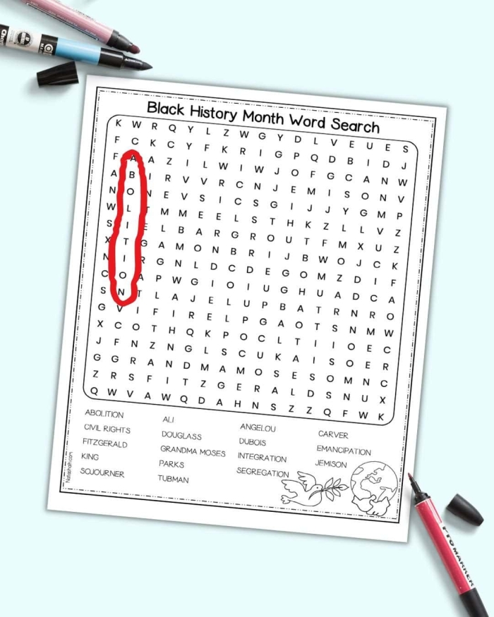 Engaging word search activity for fourth graders to explore important concepts during Black History Month Black History Month Word Search worksheet featuring key terms related to the African-American struggle for equality
