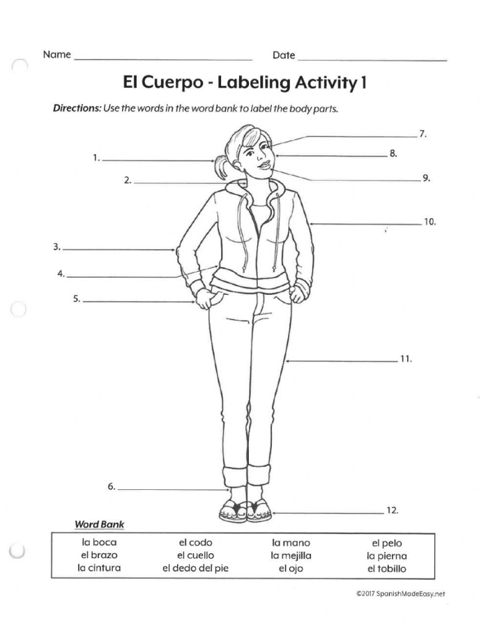 Fill-in-the-blanks Body Parts in Spanish Worksheet for Fourth Graders Worksheet for identifying body parts in Spanish with fill-in-the-blanks activity