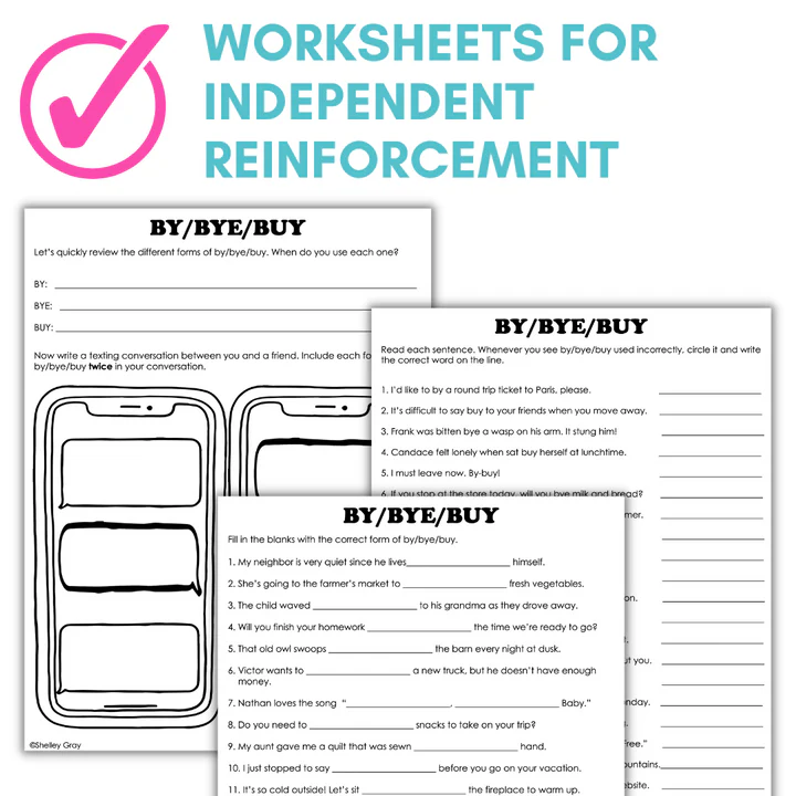 Worksheet on the differences between by, buy, and bye for fourth graders