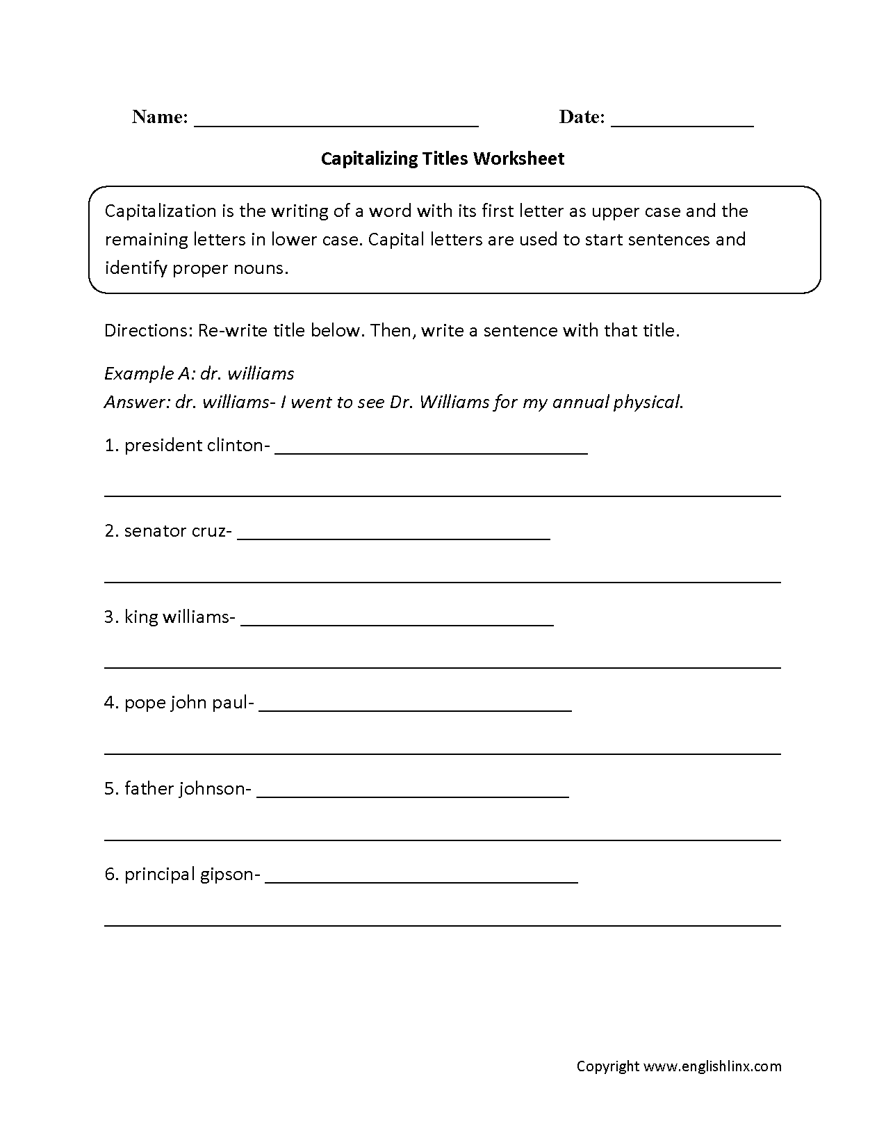Capitalizing Titles worksheet for grammar and mechanics review Worksheet for practicing capitalization rules for fourth graders