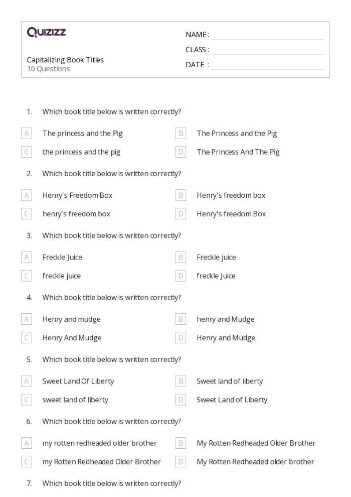 Capital! Capitalizing Titles worksheet for improving grammar skills Fourth grade worksheet on capitalization rules for titles