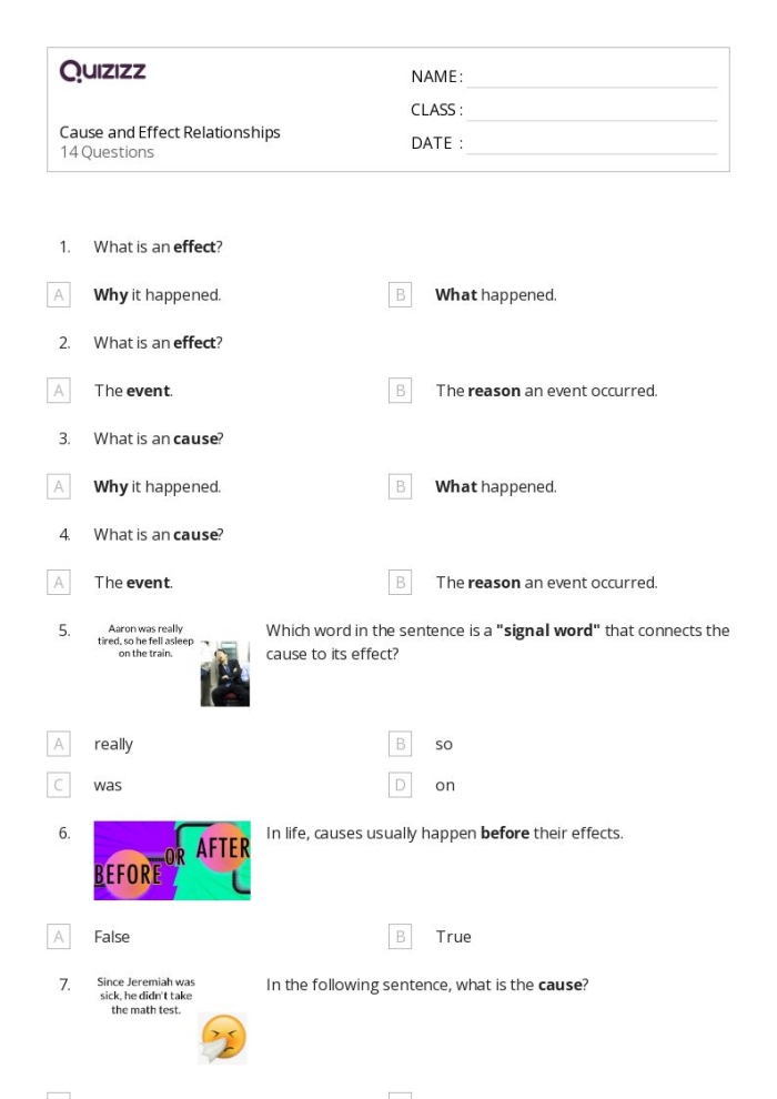 Educational resource for analyzing cause and effect relationships in writing Worksheet illustrating cause and effect text structure for fourth-grade students