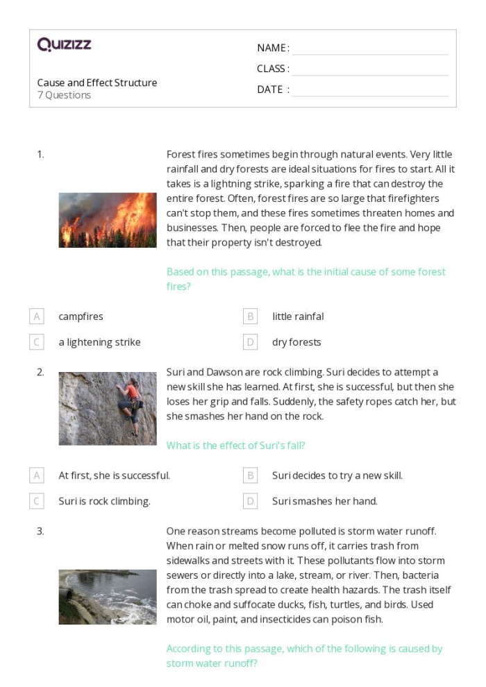 Educational resource for teaching cause and effect relationships Worksheet for fourth graders analyzing cause and effect text structure