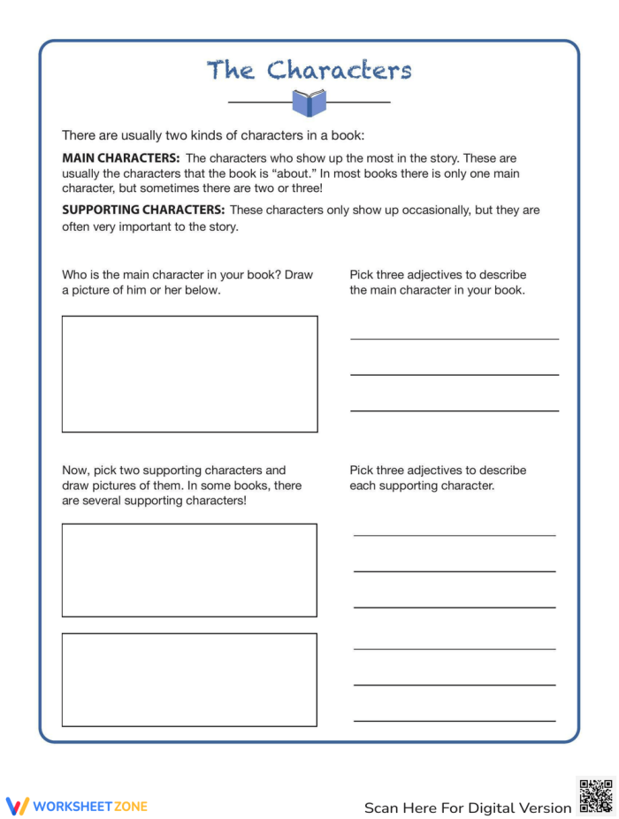 Worksheet for fourth graders analyzing characters from fiction stories