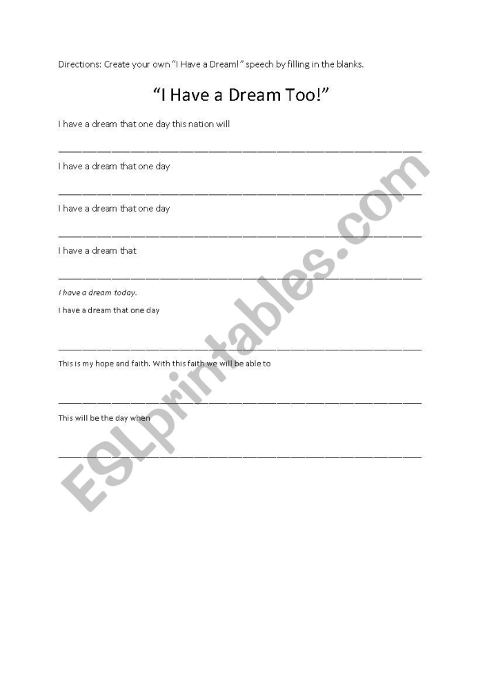 Excerpts from Dr. King's "I Have a Dream" speech for fourth graders to explore and illustrate. Worksheet featuring inspirational content for students’ reflection on civil rights.