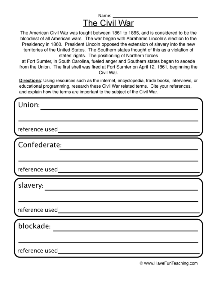 Fourth grade reading worksheet detailing daily life experiences during the Civil War period