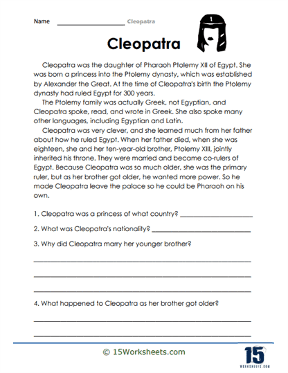 Cleopatra, the iconic queen of Egypt, depicted on a fourth-grade worksheet about her life. Engaging educational resource for understanding Cleopatra's impact in history.
