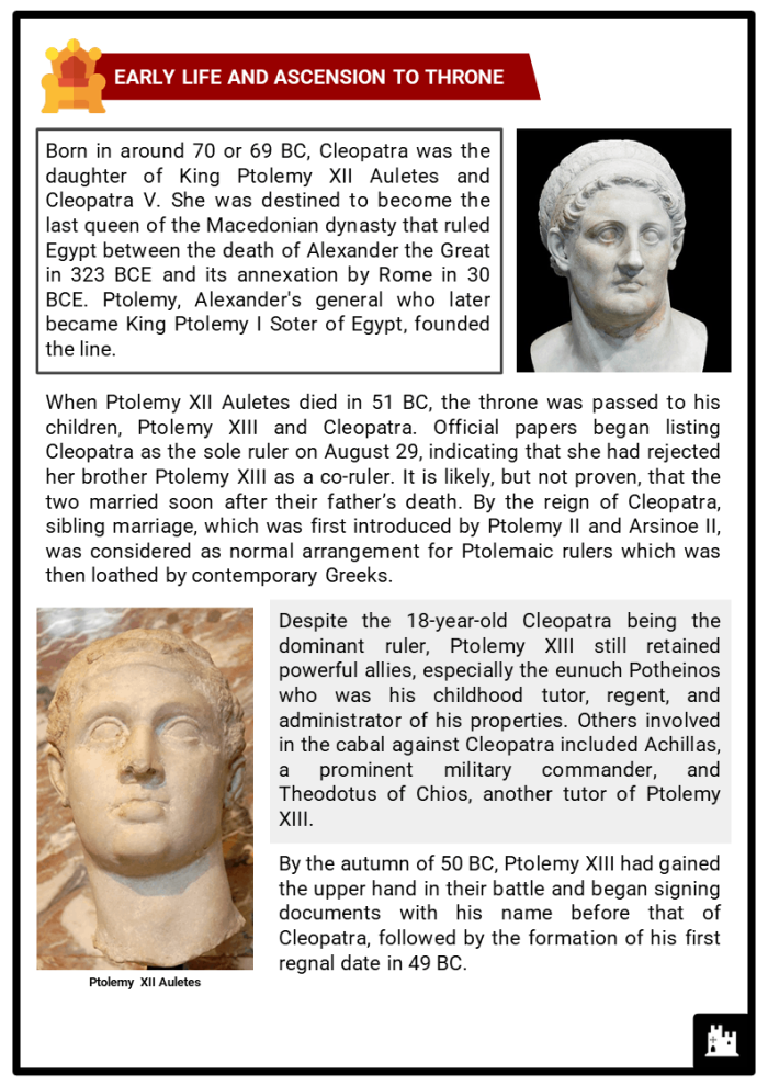 Cleopatra ruling Egypt, captivating Julius Caesar and Mark Antony, depicted in a historical worksheet. Worksheet about Cleopatra for fourth graders exploring women in history.