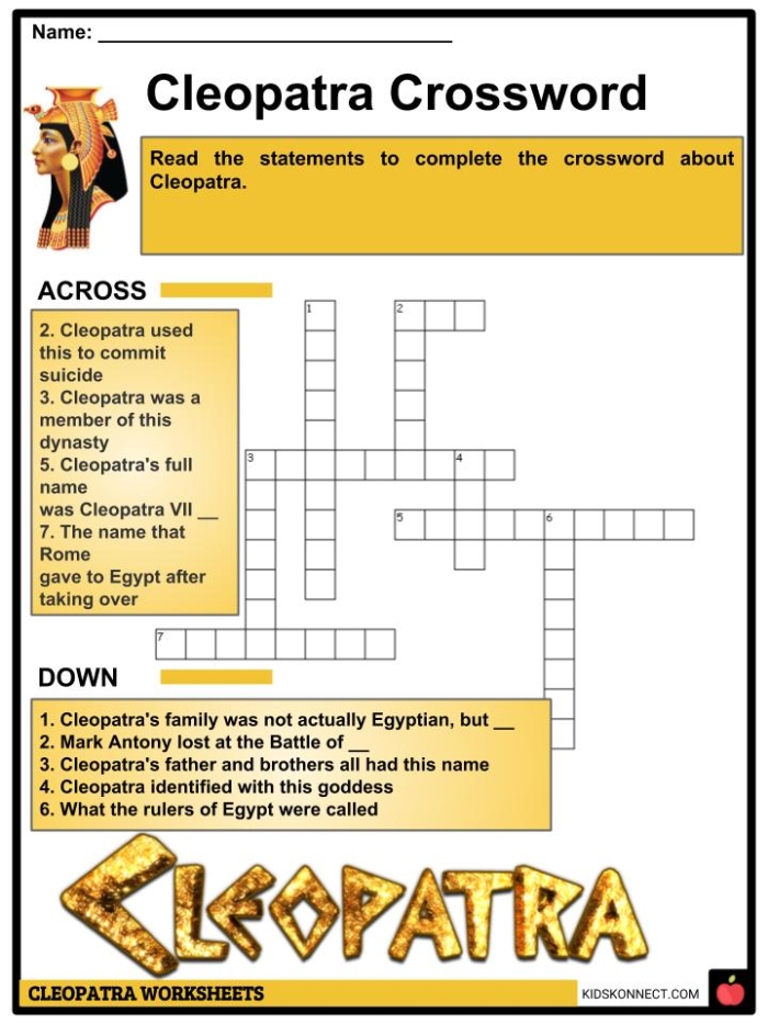 ALT text: Educational worksheet featuring Cleopatra, a significant figure in history, for fourth graders.