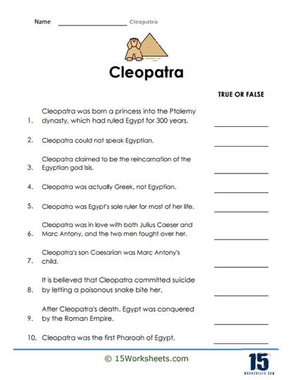 ALT text: Engaging worksheet featuring Cleopatra, the iconic queen of Egypt, for fourth-grade students