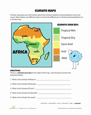 Worksheet on reading climate maps and their importance in understanding weather patterns Climate map worksheet illustrating Africa's diverse climates for fourth graders