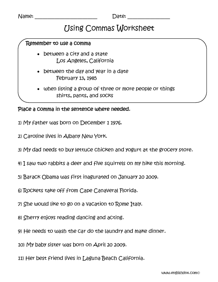 Worksheet on correct comma usage for fourth graders