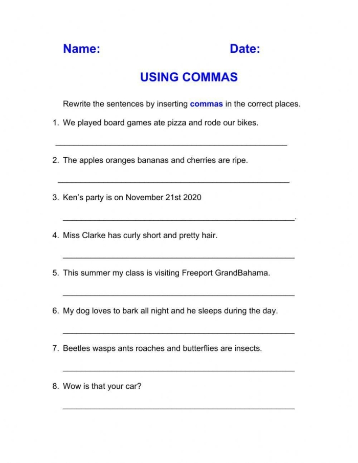 Worksheet for mastering comma usage in fourth grade punctuation lessons