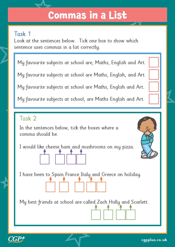 Fourth grade student working on a Perfect Punctuation Using Commas Correctly worksheet