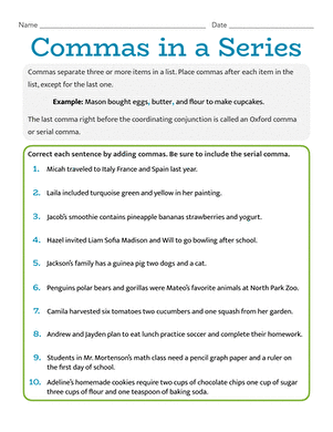 Worksheet focusing on correct comma usage for fourth-grade students
