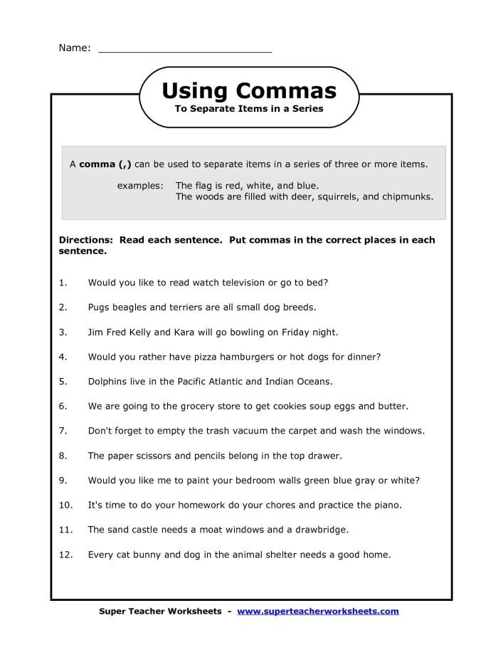 Fourth grade students practice placing commas correctly in sentences with this educational punctuation worksheet