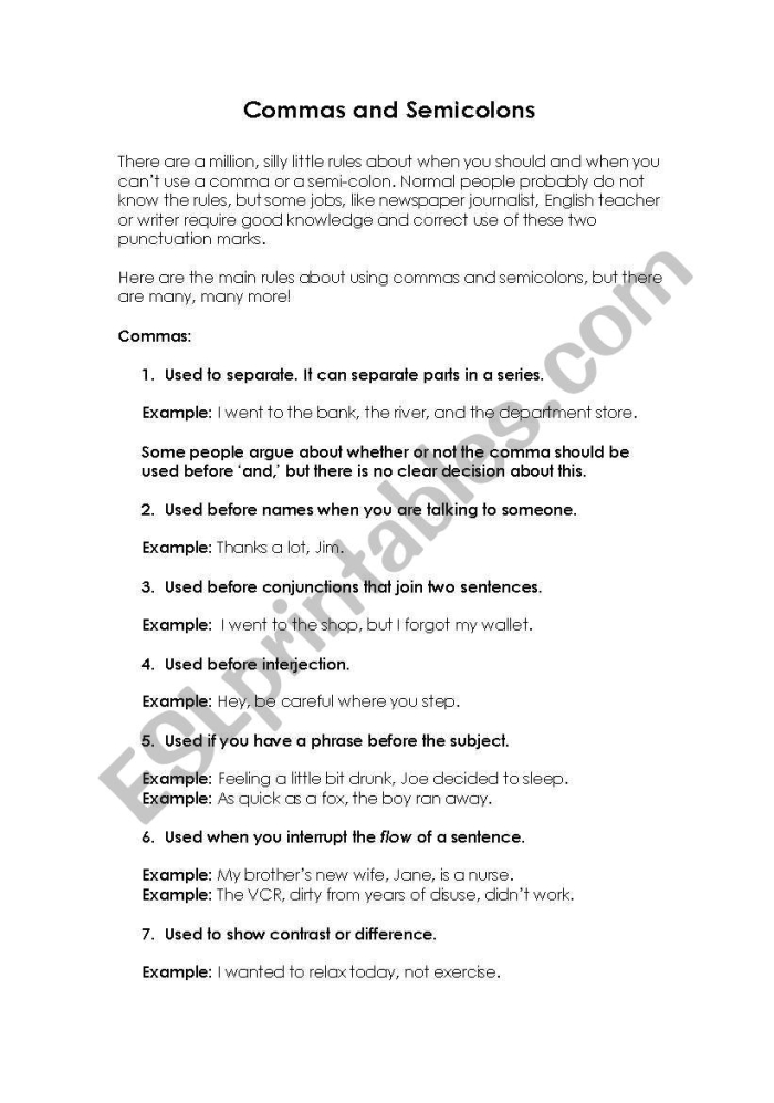 Interactive grammar and punctuation worksheet for mastering commas and semicolons A colorful fourth-grade worksheet featuring engaging activities on commas and semicolons
