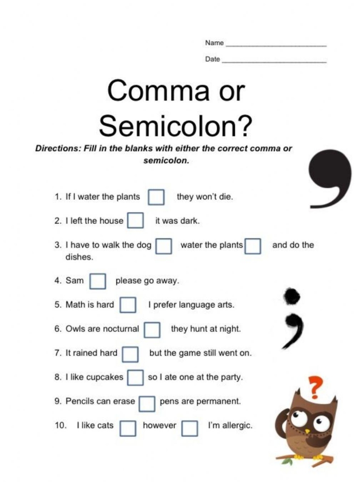 Engaging grammar and punctuation worksheet featuring commas and semicolons Colorful worksheet illustrating commas and semicolons for fourth-grade students