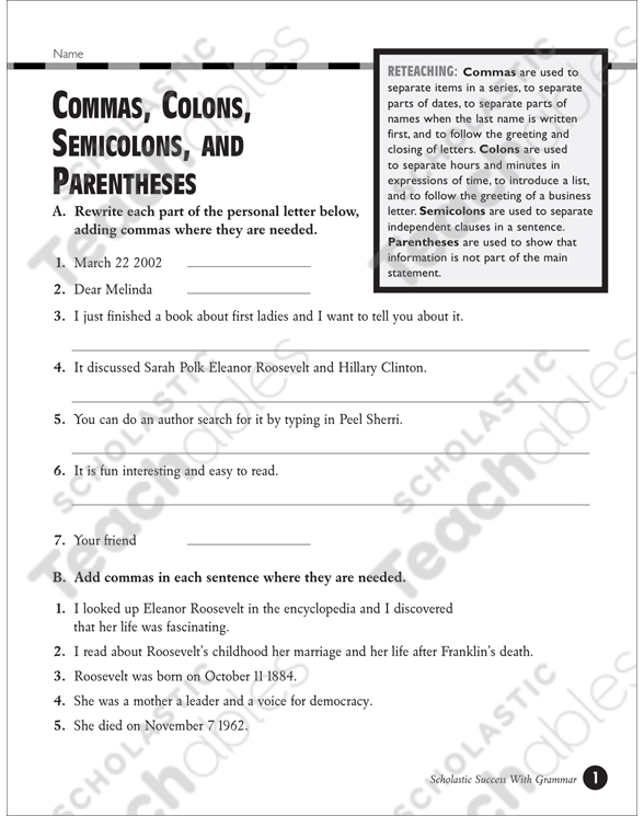 Engaging Commas and Semicolons Worksheet for Young Learners Colorful worksheet illustrating the use of commas and semicolons for fourth graders
