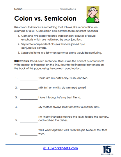 Engaging grammar and punctuation activity sheet for young learners Colorful worksheet featuring commas and semicolons designed for fourth graders