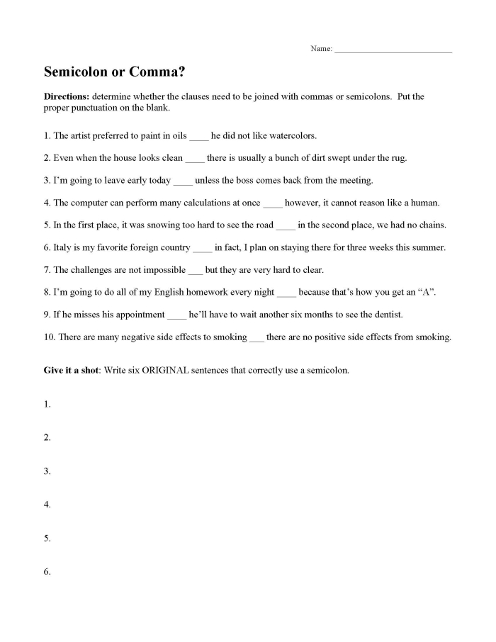 Engaging grammar and punctuation activity for young learners Colorful worksheet featuring commas and semicolons for fourth graders