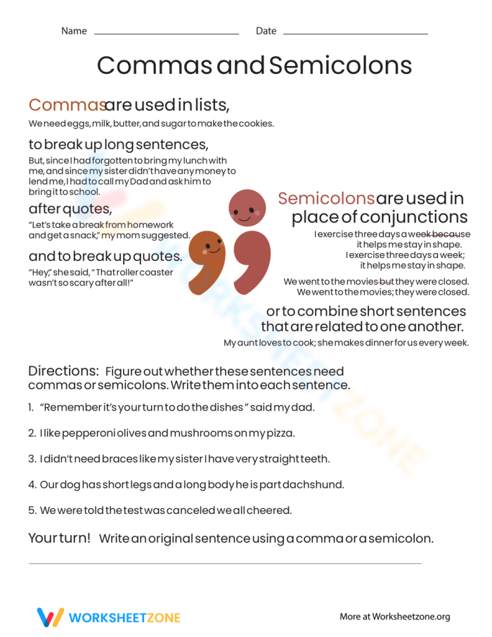 Engaging Commas and Semicolons Worksheet for Grade 4 Colorful worksheet illustrating the use of commas and semicolons for fourth graders