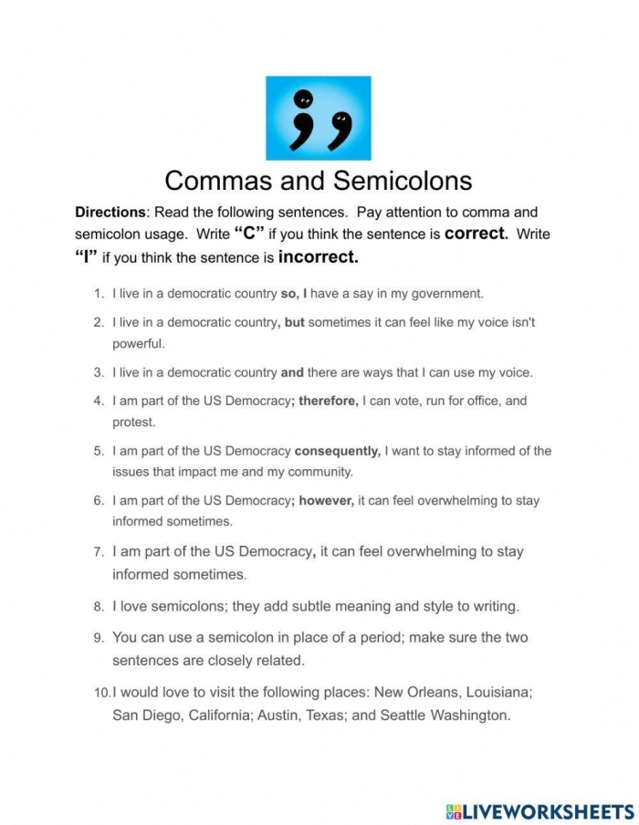 Engaging Commas and Semicolons Worksheet for Reading Practice A colorful worksheet featuring exercises on commas and semicolons for fourth graders