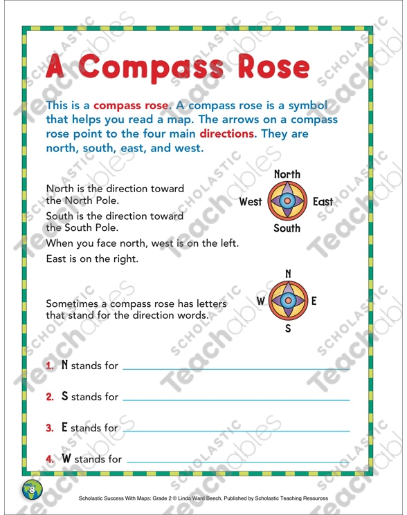 A fourth grade student worksheet showing a compass rose with cardinal and intermediate directions labeled for map reading practice