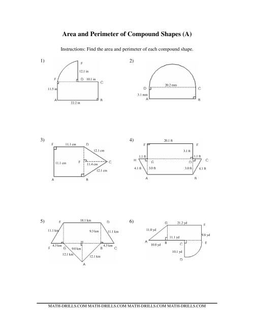 Worksheet featuring various compound shapes for finding area
