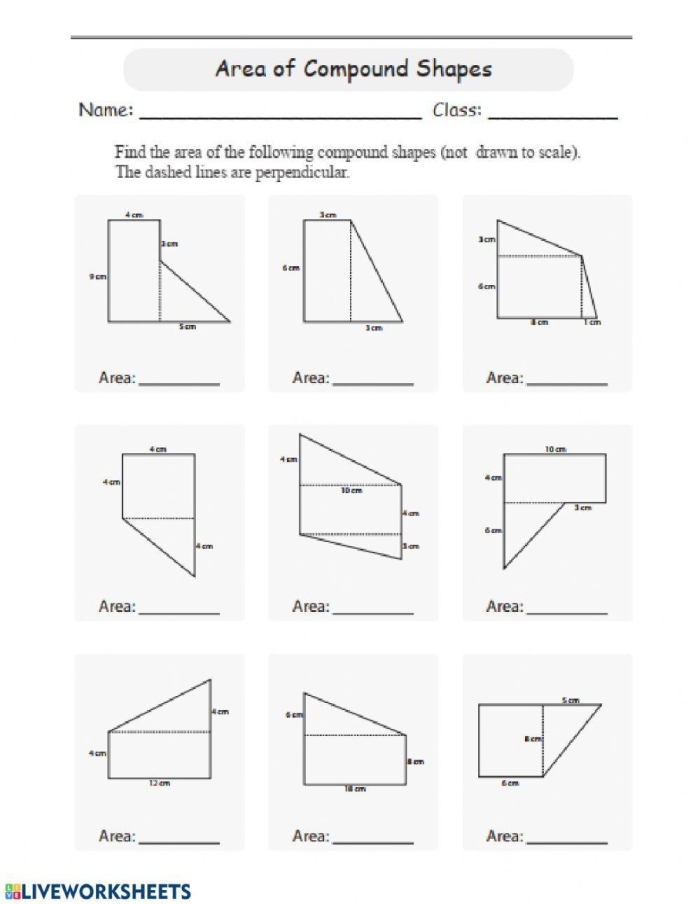 Worksheet for practicing area calculation of compound shapes for fourth graders
