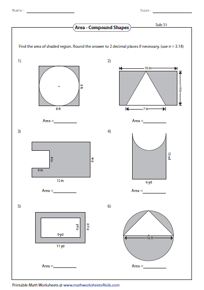 Fourth grade math worksheet for calculating the total area of complex compound geometric shapes