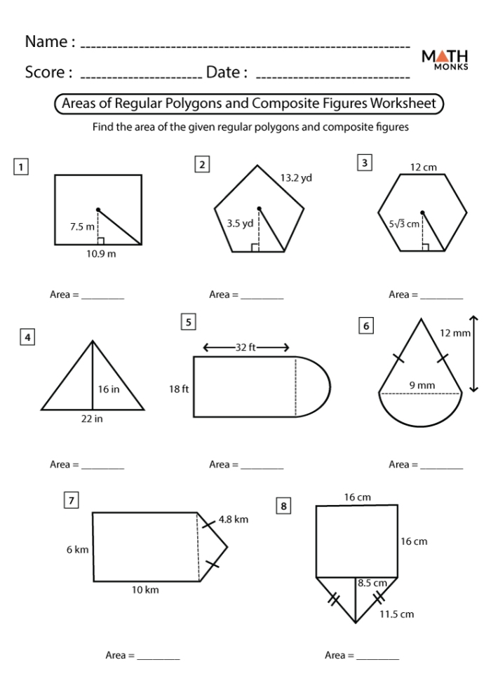 Fourth grade math worksheet for calculating the area of complex compound shapes