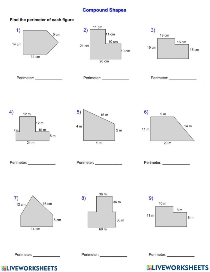 Worksheet featuring various compound shapes for area calculation practice